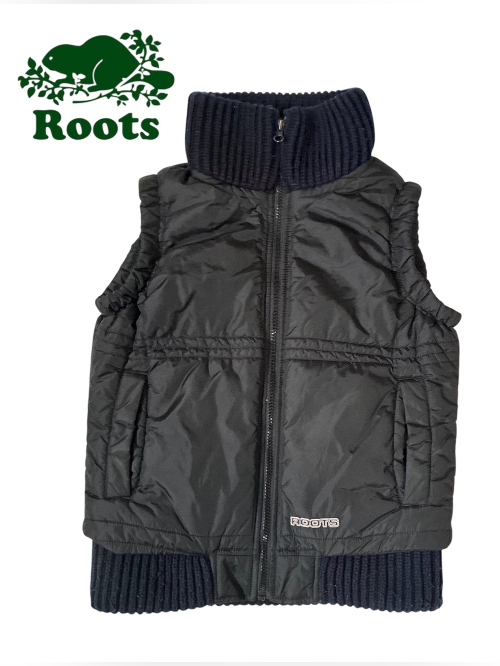 BLACK ROOTS PUFFER VEST KNIT COLLAR HEM